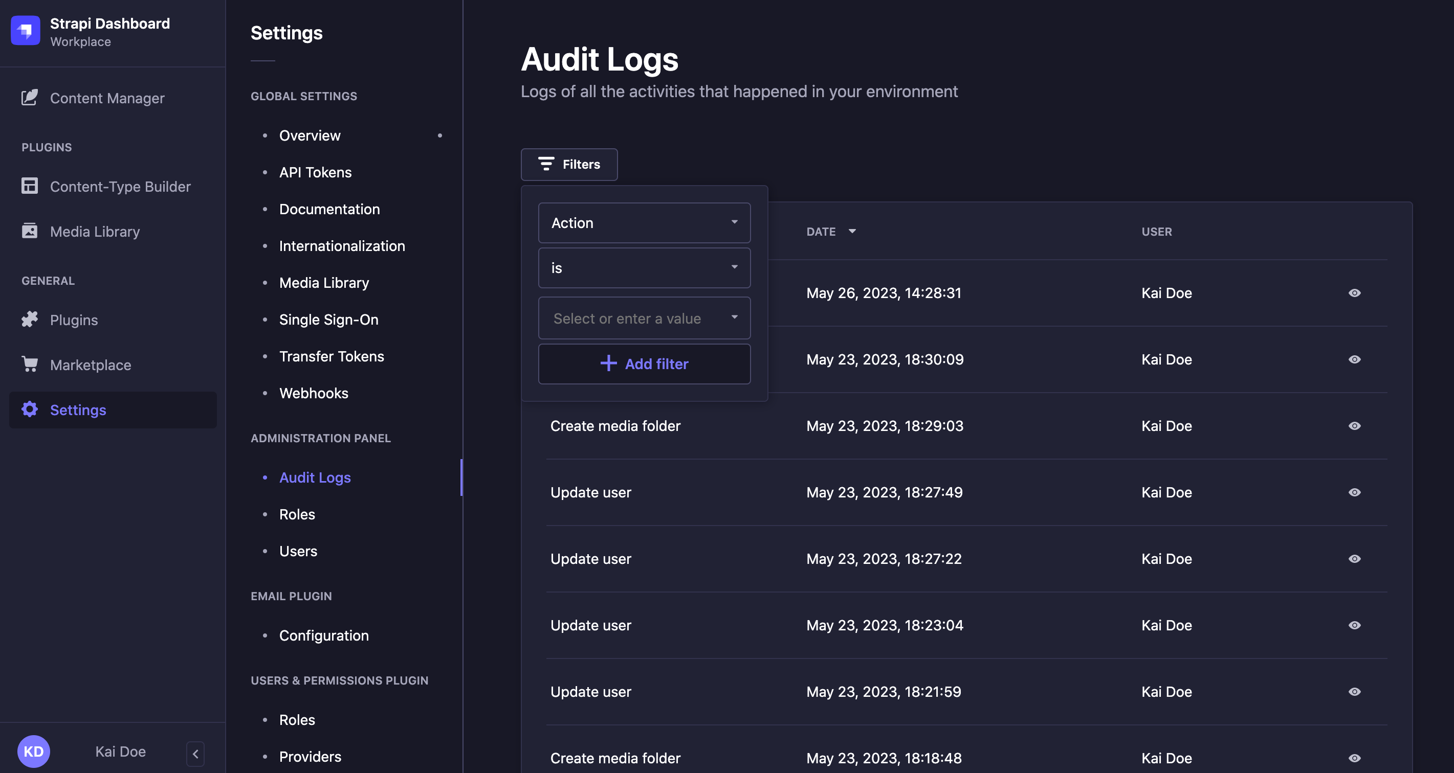 Audit Logs filters